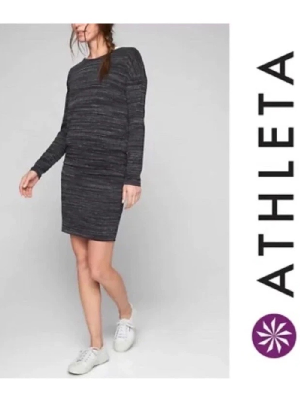 Athleta Women's Avenue Dress Long Sleeve Ruched Black Gray Striped Size Large